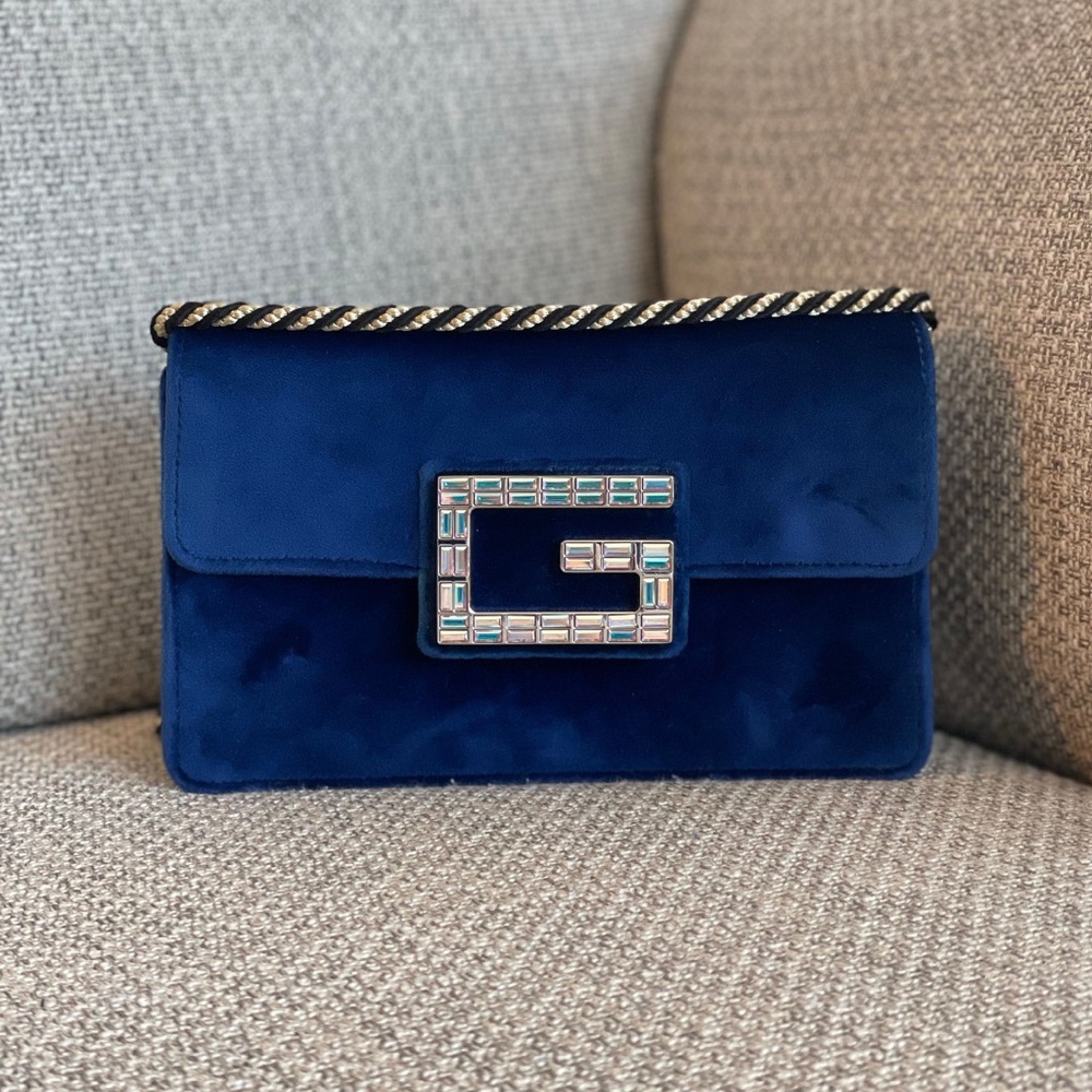 Gucci Blue Velvet Clutch with Crystal Buckle